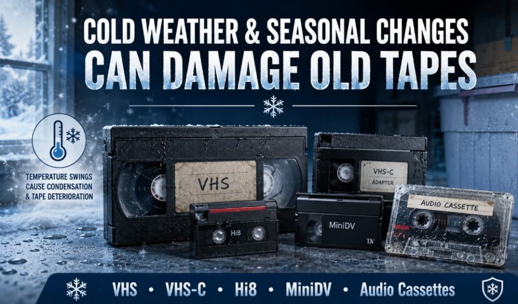 Cold weather tape damage on VHS, VHS-C, Hi8, and MiniDV media before video digitization.